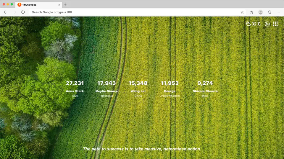 Preview of the fitAnalytica Chrome extension displaying step count and activity trends in the browser