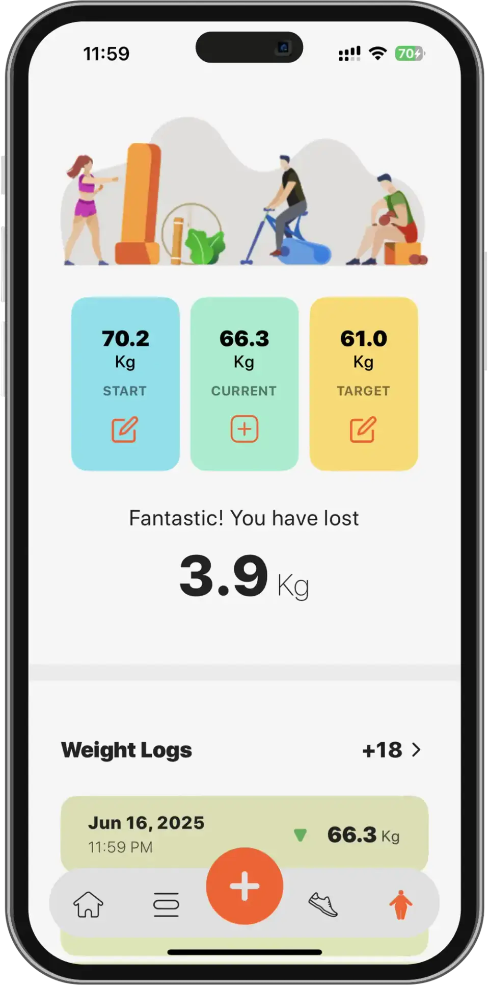 Track your daily weight logs over time in the fitAnalytica app