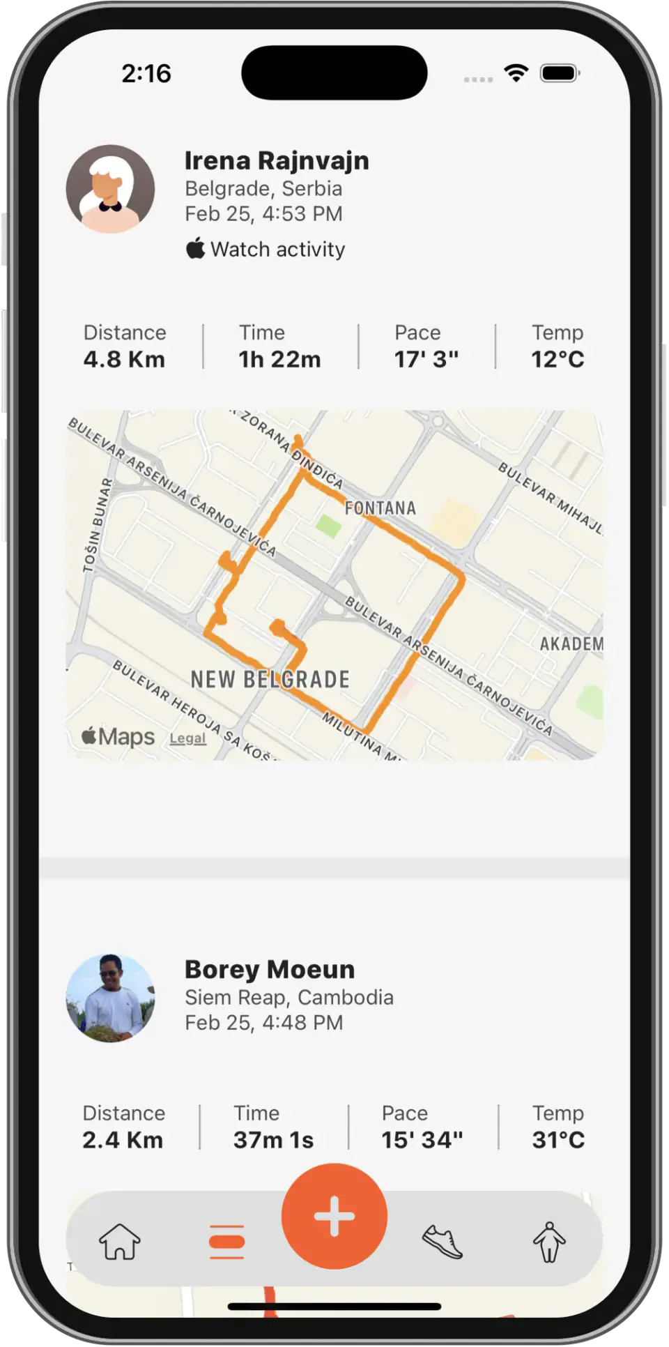 Social feed view showing recent activities from friends in the fitAnalytica app